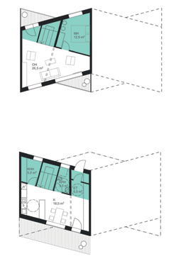 asuntotyyppi 3 porras- ja aputilavyöhyke asuntotyyppi 4 porras- ja aputilavyöhyke -Asuntotyyppi 3 on kaksikerroksinen asunto - Tyyppi 3 sijoittuu toisen asuntotyppi 3 viereen, koska niiden välissä on