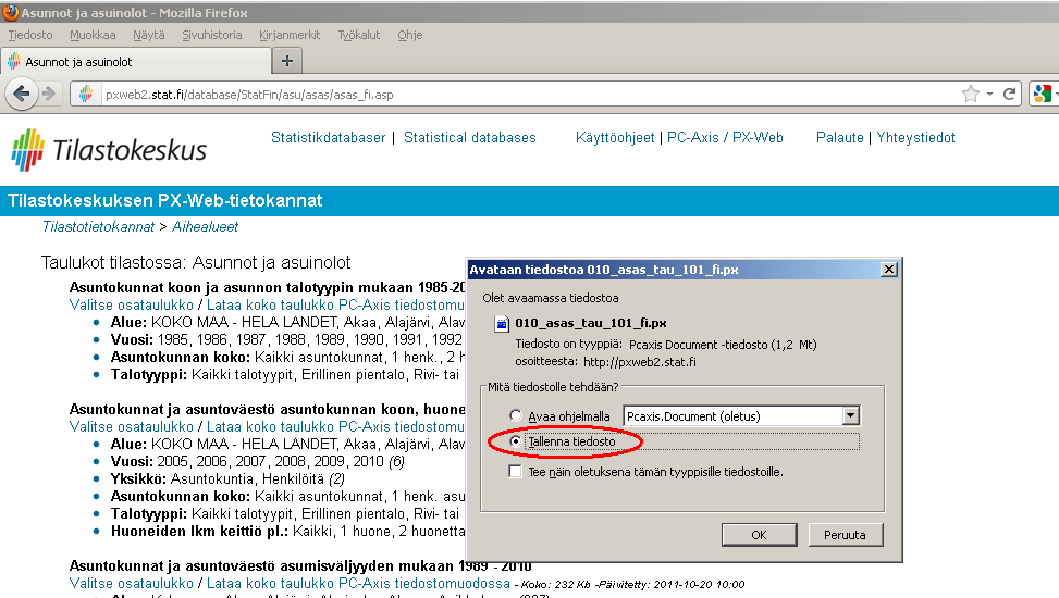 Kuva 15. Kokonaisen tiedoston lataus - vaihe 2 6. Kuviot - tilastografiikka Poimittu taulukko on tarkasteltavissa myös tilastokuviona.