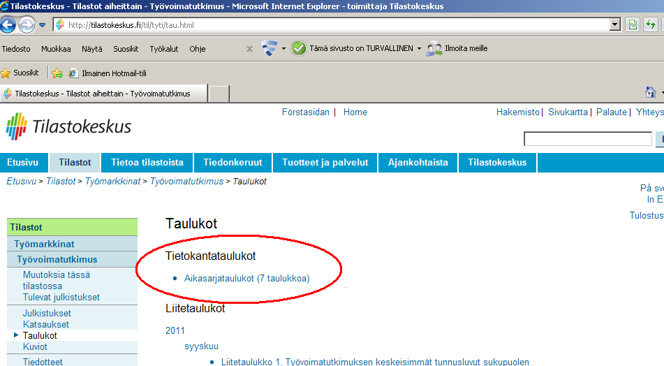 Kuva 3. Tilaston kotisivu Tilaston kotisivun linkistä Taulukot aukeaa tilaston taulukkosivu, josta löytyvät linkit sekä perusjulkaisun liitetaulukoihin että tietokantataulukoihin (kuva 4).