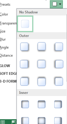 Excel 2013 Kaaviot 9 Presets Transparency Size (Koko) Blur Angle (Kulma) Distance valmiiksi määritellyt mallit peittävyys varjon koko varjostuksen häivytys varjostuksen kulma varjostuksen etäisyys
