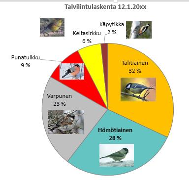 Kaaviossa on nyt selitteet ja taulukon arvot. Mallissa muutettu otsikko ja suurennettu selitteiden tekstiä. Sektorin värin muuttaminen 1.