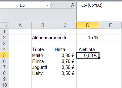 Absoluuttinen soluviittaus tarkoittaa sitä, että lukitaan soluviittaus siten, että se ei muutu vaikka sitä kahvataan vaaka tai pystysuunnassa.