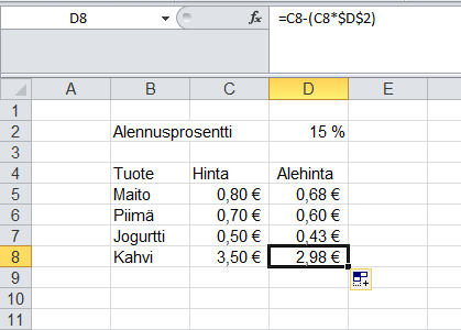 Kun kaava on saatu kirjoitettua ja lukittua halutulla tavalla voidaan loput kaavat saada aikaiseksi kahvaamalla