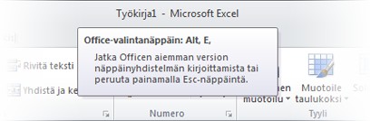 Tietoja näppäinvihjeistä Toimivatko pikanäppäimet edelleen? Excel 2010 sisältää valintanauhan pikanäppäimiä (eli näppäinvihjeitä), joilla voit suorittaa tehtäviä nopeasti hiirtä käyttämättä.
