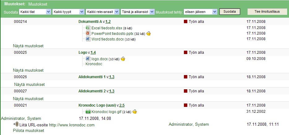 71 4.3.1 Muutosten käytönaikainen tarkasteleminen Voit tarkastella muutosraporttia käytön aikana siirtymällä työtilaan ja napsauttamalla yläkehyksessä sijaitsevaa "Muutokset"-linkkiä.