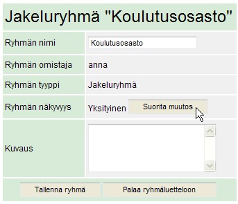 82 Jakeluryhmän ominaisuuksien muokkaaminen Voit muokata jakeluryhmän nimeä, näkyvyyttä ja kuvausta valitsemalla ryhmäluettelosta muokattavan jakeluryhmän ja napsauttamalla "Muokkaa