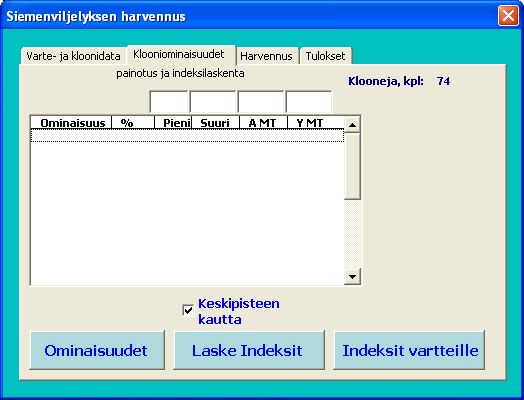 3.1.4.4 Painotettavien klooniominaisuuksien valinta Ominaisuudet Ensin poimitaan SvG-harvurin toiminnolla KlooniTun-lehdeltä klooniominaisuuksien nimet.