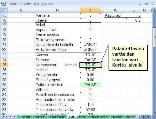 Kuva 20. Palautettavien vartteiden taustaväri Kartta-lehdellä määräytyy solun i 25 värin mukaisesti 3.