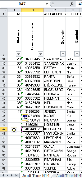 27 AUDI KILPAILUJEN JÄRJESTÄMINEN Periaate perustietojen osalta on sama kuin Fis-kilpailussa. Ski Sportilla on Excel tietokanta, josta kilpailijat voidaan tuoda suoraan kisaohjelmaan.