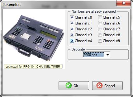 3 Test Timing Device välilehti Jos yhteys kelloon toimii, niin ruutuun tulee dataa ja OK napissa on vihreä. Valitse Parameters.