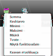 Ennaltamääriteltyjen pikakaavojen käyttö Helppo tapa suorittaa peruslaskutoimituksia taulukon vierekkäisten solujen arvoja käyttäen on valita solut ja lisätä pikakaava ponnahdusvalikosta, joka tulee