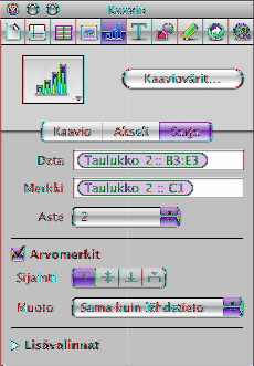 Kaavion datasarjan elementtien muotoileminen Voit parantaa sarjan elementtien ulkoasua monilla visuaalisilla tehosteilla, kuten palkeilla (pylväs- ja palkkikaaviot), datapistekuvioilla (viiva- ja