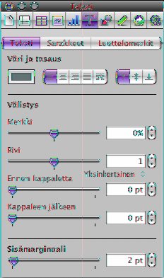 Tekstiasetusten Teksti-osio tarjoaa käyttöösi lisää tasaus- ja riviväliasetuksia. Tekstiasetukset-painike Vaihda valitun tekstin väriä osoittamalla tähän.