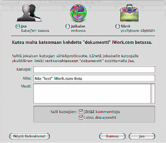 Numbers-laskentataulukon lähettäminen iwork.comin julkiseen betaan Voit lähettää laskentataulukon iwork.