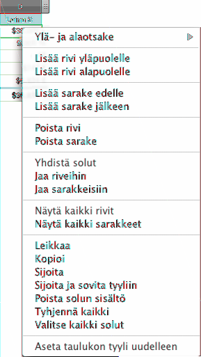 Voit myös käyttää sarakkeiden ja rivien viitepalkeissa olevia ponnahdusvalikoita. mm Voit lisätä ja muokata kaavoja Kaavan muokkaajan ja kaavapalkin avulla.