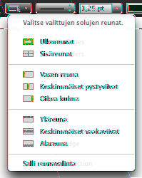 Osoita muokkauspalkissa Reunat-painiketta ja valitse ponnahdusvalikosta sopiva vaihtoehto. Reunat-painike mm Voit myös valita reunasegmentin käyttämällä Taulukkoasetuksissa Solureunatpainikkeita.