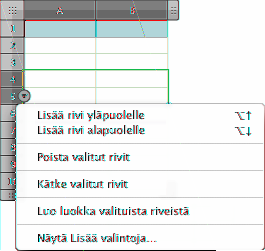 Eri värin käyttäminen joka toisella rivillä: 1 Valitse taulukko tai sen sisältämä elementti. 2 Osoita työkalupalkissa Asetukset ja osoita sitten Taulukkoasetukset-painiketta.