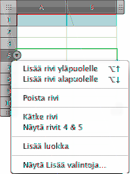 mm Kun haluat näyttää taulukon kaikki kätketyt rivit ja sarakkeet, valitse taulukko tai sen elementti ja valitse sitten Taulukko > Näytä kaikki rivit tai Taulukko > Näytä kaikki sarakkeet.