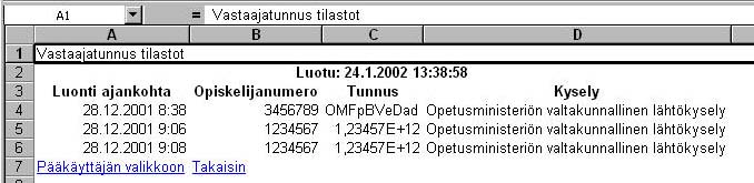 Tämän jälkeen valitaan kummassa formaatissa HTML vai Excel vastaajatunnukset näytetään.