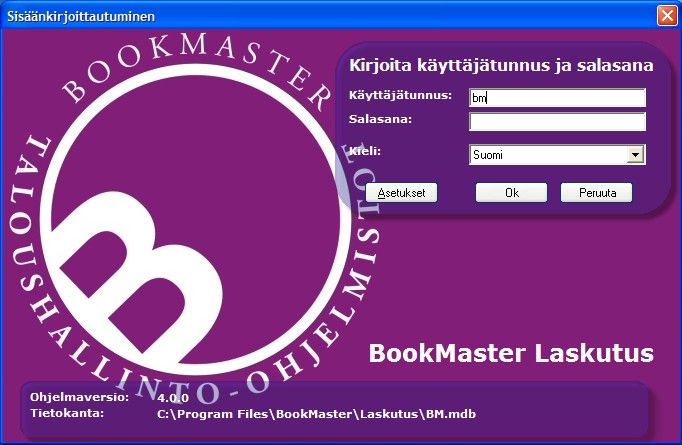 3 OHJELMAN KÄYTTÖÖNOTTO Asennuksen jälkeen ohjelma on käyttövalmis. Ohjelma käynnistetään Käynnistä-valikosta Ohjelmat / BookMaster / Laskutus -valikon alla olevasta Laskutus-pikakuvakkeesta.