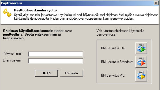 Ensimmäisellä käynnistyskerralla Ok-painikkeen painamisen jälkeen näytölle avautuu käyttöoikeuslomake, johon annetaan yrityksen nimi ja saatu lisenssiavain (kuva alla).