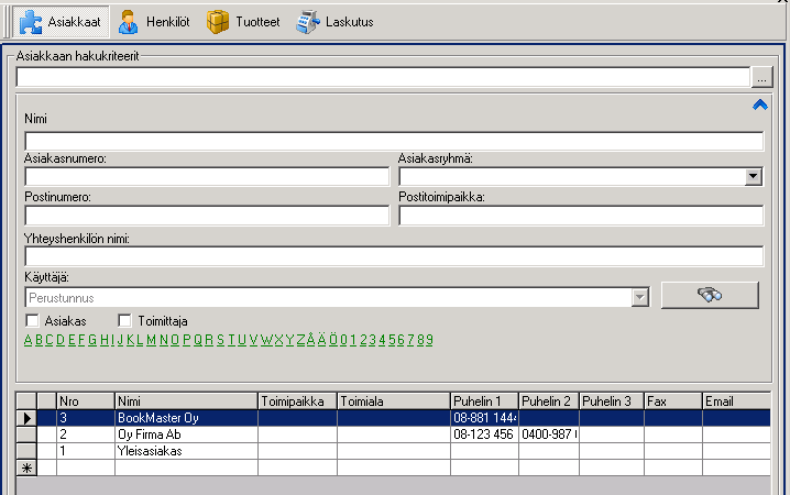 5.1. Asiakaslista Asiakaslistan saa näkyviin valintalistasta avaamalla kohdan Asiakkaat. Asiakaslistalla voidaan hakea jotain tiettyä asiakasta tai useita asiakkaita hakuehtojen avulla.