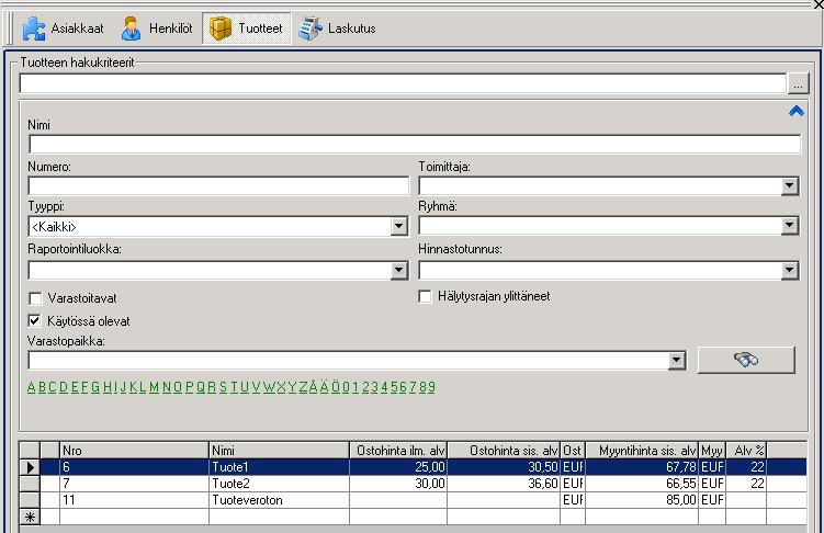 5.3 Tuotelista Tuotelistan saadaan näkyviin valintalistasta avaamalla kohdan Tuotteet. Tuotelistalla voidaan hakea jotain tiettyä tuotetta tai useita tuotteita hakuehtojen avulla.