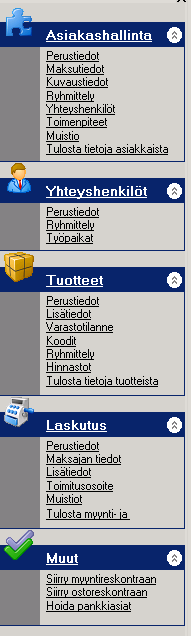 Eräpvm Toimii kuten edellä, mutta vertailee annettua päivää kuittien eräpäivään. Asiakas Listan laskuja voi hakea asiakkaan nimen perusteella.