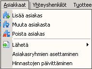 5.6 Valikot Ohjelman päävalikossa on kohdat Tiedosto, Muokkaa, Asiakkaat, Yhteyshenkilöt, Tuotteet, Laskutus, Ylläpito, Ikkuna ja Ohje. Huom!