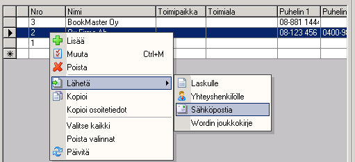 Listasta valitun asiakkaan voi lähettää yhteyshenkilölle myös valitsemalla päävalikosta Asiakkaat / Lähetä / Yhteyshenkilölle.