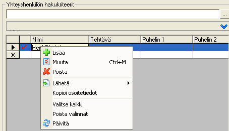 8 YHTEYSHENKILÖREKISTERI Yhteyshenkilörekisteri -osiossa voidaan lisätä uusien yhteyshenkilöiden nimet ja tiedot, muuttaa olemassa olevan henkilön tietoja sekä asettaa yhteyshenkilöille asiakkaat.