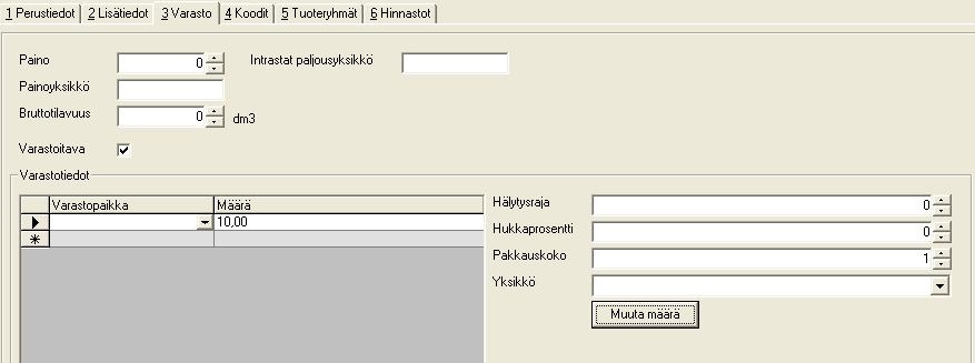 Tuoterekisterin varasto Varasto välilehdelle kirjoitetaan tuotteen paino- ja tilavuusyksiköt sekä varastotiedot.