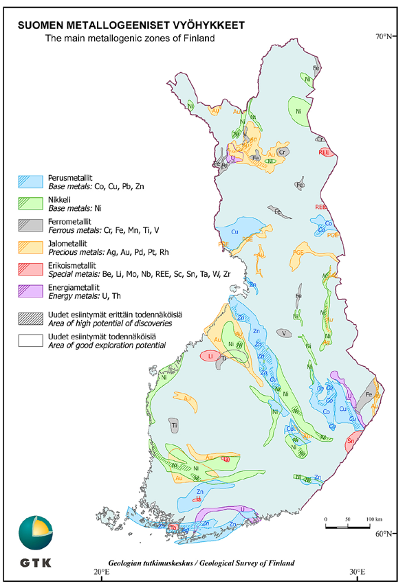 Kuva 5. Suomen metallogeeniset vyöhykkeet.