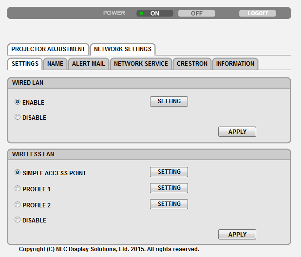 3. Käytännöllisiä toimintoja NETWORK SETTINGS ASETUKSET LANGALLINEN tai LANGATON SETTING APPLY DHCP ON DHCP OFF IP OSOITE ALIVERKKOMASKI YHDYSVÄYLÄ AUTO DNS ON AUTO DNS OFF Asetus langallista