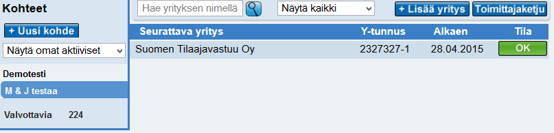 Tietojen tuonti Excellistalla tapahtuu valitsemalla Excel-tuonti Lisää seurattava yritys - näkymästä.