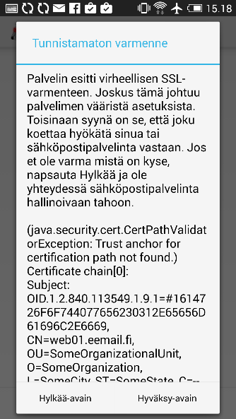 Elisa Oyj 8/31 Tarkistetaan, että saapuvan postin palvelinasetukset -kohdan asetukset ovat oikein. IMAP-Palvelin: Tähän kirjoitetaan imap.eemail.fi. Suojauksen tyyppi: Tähän valitaan SSL/TLS.