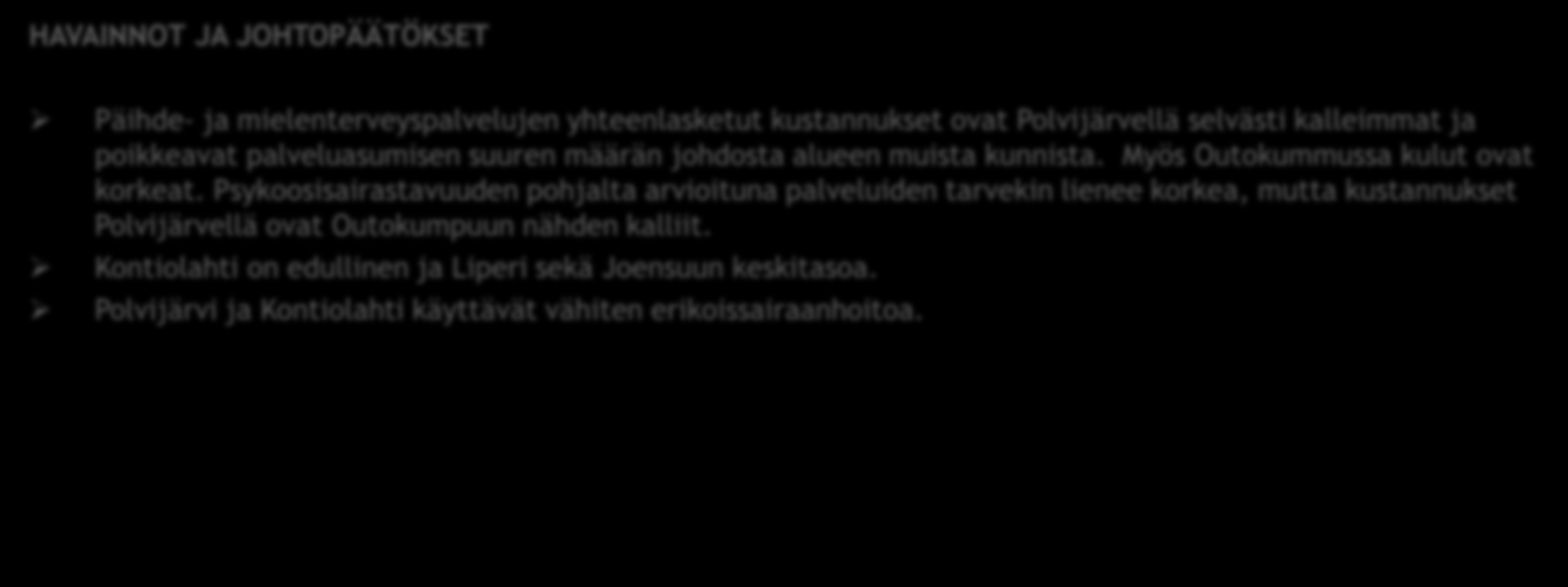 AIKUISTEN MIELENTERVEYSPALVELUIDEN YHTEENVETO HAVAINNOT JA JOHTOPÄÄTÖKSET Päihde- ja mielenterveyspalvelujen yhteenlasketut kustannukset ovat Polvijärvellä selvästi kalleimmat ja poikkeavat