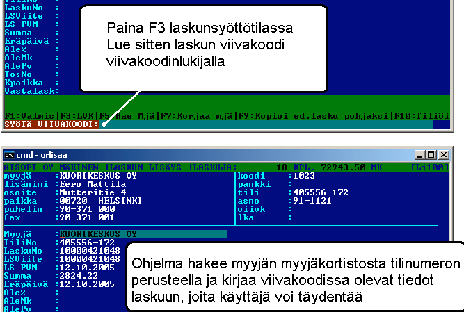 Laskujen syöttö pankkiviivakoodilukijalla Jos käytössäsi on viivakoodinlukija, voit käyttää sitä ostoreskontraohjelman laskujensyöttötilassa.