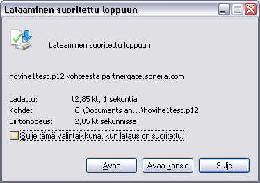 9.7.2012 14 (25) 1.6 4.1 Käyttäjävarmenteen tallennus Windows XP-käyttöjärjestelmässä Avaa tai tallenna tiedosto koneelle. Suosittelemme tallentamaan tiedoston ennen asennusta.