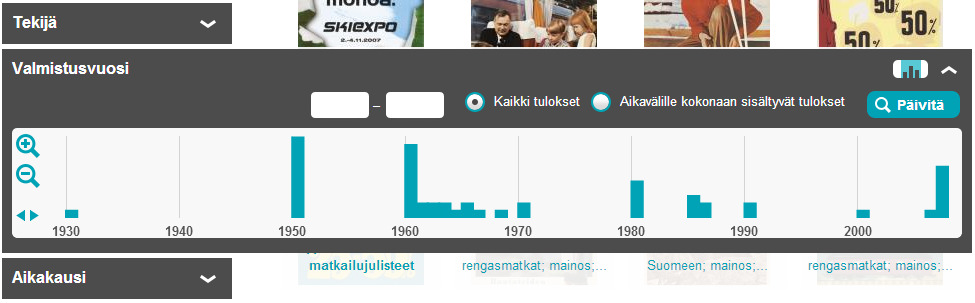 Kokoelmien helmet -esittely on aika tiiviisti sullottu yhteen. Näkyvillä on neljä valittua hakutulosta, mutta ehkä kolmekin olisi tarpeeksi, jottei vaikutelmasta tulisi liian ahdasta.