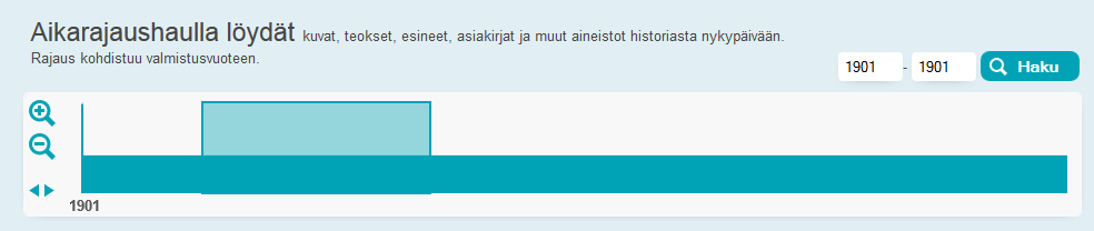 KUVA 8. Aikarajaushaku, jossa yksi vuosi valittuna Haulla on mahdollista rajata valmiiden vaihtoehtojen avulla, mitä haluaa löytää (ks. KUVA 9).