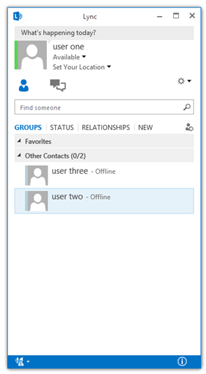 26 Kuva 35. Käyttäjien lisääminen. Kuva 36. Käyttäjän user statusikkuna. Käyttäjäprofiilien luomisen jälkeen Microsoft Lync 2013 on käyttöönotettu.