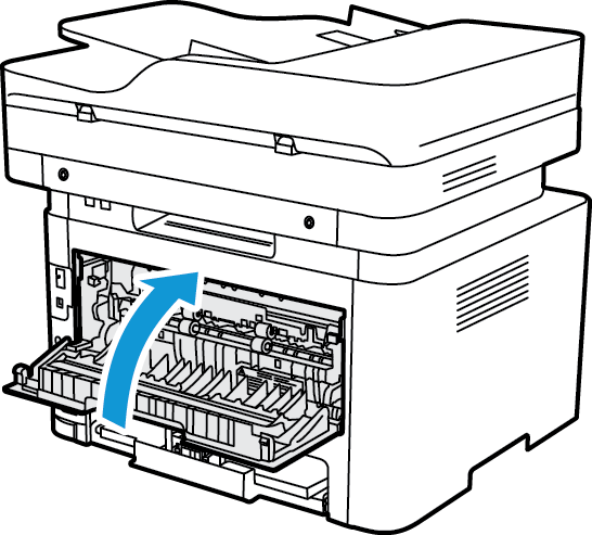 Paperitukkeumien selvittäminen Dupleksilaitteen ja luovutusalueen tukkeumat 1. Avaa koneen takalevy. 2.