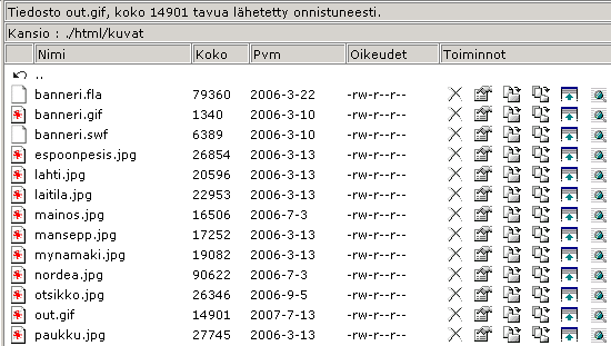 41 5.6 Kuvien tallennus Mene kuvat kansioon ja paina yläreunassa olevaa Lähetä tiedosto kuvaketta ( ). Hae kuva painamalla Browse painiketta. Näin pääset selaamaan oman koneen kansioitasi.