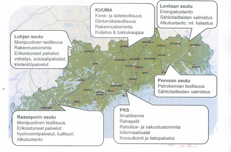 Uudenmaan seutujen erikoistumisprofiilit (mukaillen Kaupunkitutkimus TA:n selvityksestä): Toteutetun prosessin tuloksena esitellään seuraavassa lyhyesti RIS3-toiminnan raami Uudellamaalla.