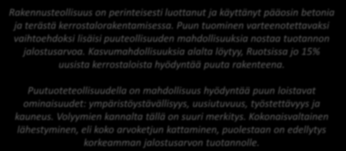 Case: Rakennusteollisuus Rakennusteollisuus on perinteisesti luottanut ja käyttänyt pääosin betonia ja terästä kerrostalorakentamisessa.