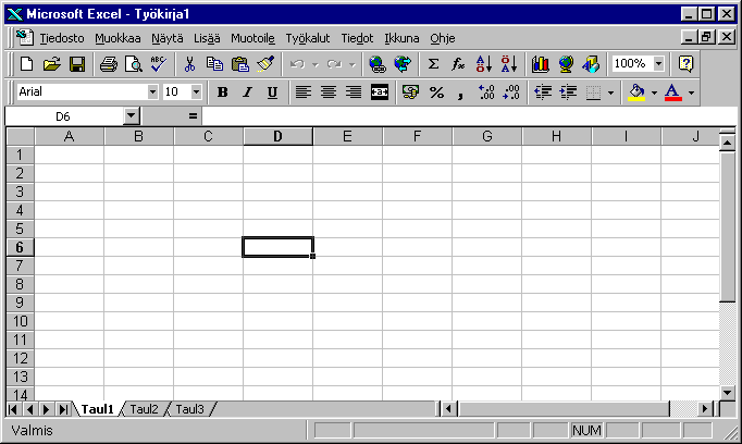 Excel Opas 1 1 Excelin työtila Tiedon syöttäminen tapahtuu soluihin, joihin viitataan kirjaimilla A, B, C, (sarakkeet, yhteensä 255 kpl) ja numeroilla (rivit, yhteensä 65536 kpl).