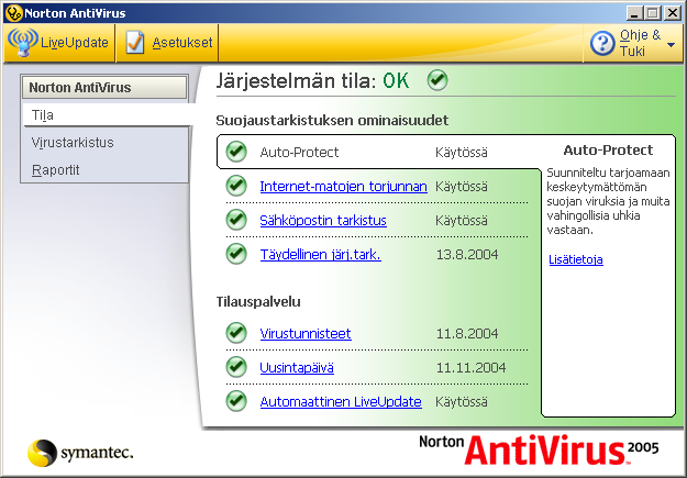 18 Aloittaminen Norton AntiVirus -ohjelman käynnistäminen Norton AntiVirus -ohjelman käynnistäminen Tietoja pääikkunasta Kaikkia ohjelman ominaisuuksia voi käyttää pääikkunasta.