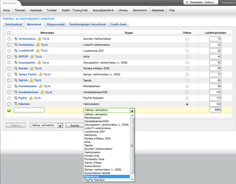 1. Maksuturva-palvelun käyttöönotto 1.1. Maksuturvan lisääminen Maksutapa-luetteloon Valitse: Asetukset -> Toimitus- ja maksutavat -> Maksutavat