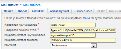 1.2. Maksuturva-palvelun tilaaminen Valitse: Asetukset -> Toimitus- ja maksutavat -> Maksutavat välilehti -> Maksuturva -> Asetukset Tilaa Maksuturva-palvelu Omaverkkokaupan kautta klikkaamalla